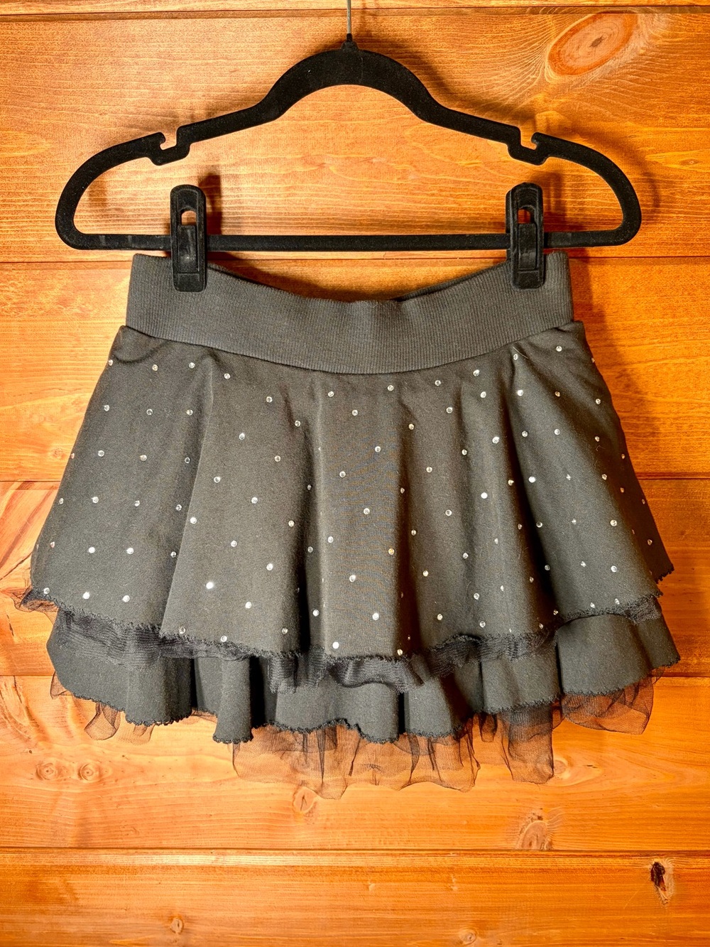 MonnaLisa Girl’s Black Polka Dot Layered Tulle Jewel Skater Skirt Size 12 💕🖤